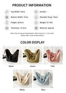 Detailed size chart and multi-color specifications for the large pleated canvas tote bag