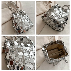 Detailed views of silver sequin bucket bag showing reflective texture and interior space
