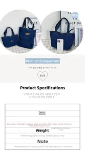 Size guide for large denim tote bag and handbag with embroidery and material details