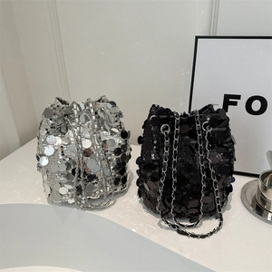 Fashion Women Sequin Bucket Bag Shiny Chain Shoulder Bag Luxury Evening Party Banquet Crossbody Bag Stylish Sequin Handbag