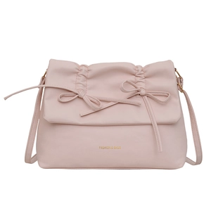 Borsa a tracolla in pelle PU rosa con fiocco a pieghe e scritta di tendenza