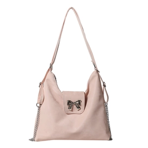 Pink faux leather handbag with silver bow buckle and chain detail for casual commuting