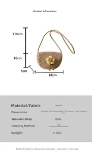 Guía de tallas detallada de mini bolso tejido con girasol y medidas de la correa