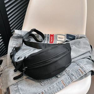 Detail view of the breathable black mesh waist bag with adjustable nylon strap and zipper