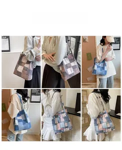 Collage of canvas tote bags with vintage patchwork patterns and floral print designs