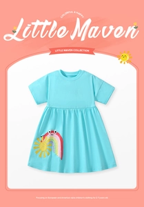 Detail of light blue cotton girls dress featuring sun and rainbow embroidery patch