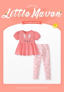 Flachbild von rosa Baumwoll-Mädchenset mit Hasenprints und Rüschentop für 2-7 Jahre