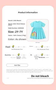 Detailed chart of cotton girls' dress featuring colorful rainbow and sun embroidery
