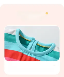 Détail de robe rayée pour fille avec encolure vert menthe et fermeture à bouton dans le dos