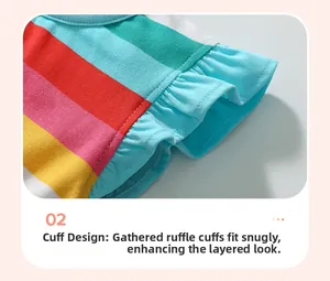 Détail de la manche à rayures pour robe fille avec design volanté et smocké