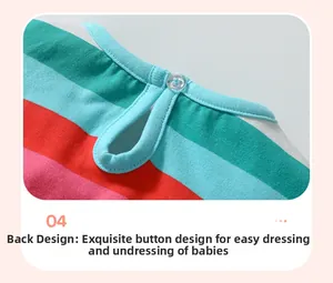Détail de robe sans manches pour fille montrant le bouton au dos et les rayures colorées