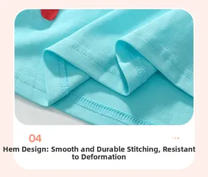 Detailed close-up of double-stitched hem on light blue cotton dress for girls