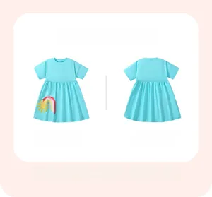Front and back view of girls light blue cotton dress with rainbow sun embroidery