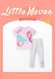 Detail of pink cotton T-shirt featuring cartoon mermaid print and grey leggings for girls