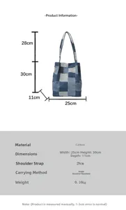 Size diagram and specifications for a patchwork denim canvas tote bag, 25x30x11cm