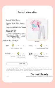 Detailed fabric chart for girls mermaid tee and polka dot pants set showing material specs