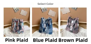 Detailed comparison of pink, blue, and brown plaid canvas tote bags in a retro collage style