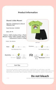 Tableau des tailles détaillé pour ensemble enfant en coton avec détails du tissu