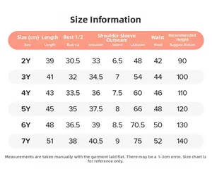Detailed size chart for girls' cartoon summer T-shirt and pants set from 2Y to 7Y