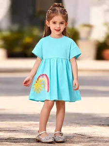 Little Maven Toddler Girls 100% Cotton Short Sleeve Dress Cute Rainbow Sun Embroidery Summer Patchwork A-Line Dress Blue
