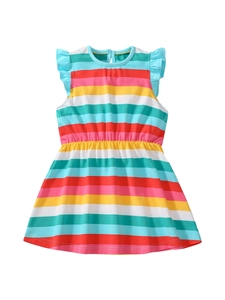 Robe sans manches pour filles à rayures arc-en-ciel avec volants bleus et taille cintrée