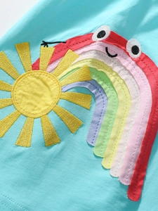 Short sleeve baby girl cotton dress in light blue with cartoon rainbow sun embroidery