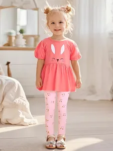 Little Maven Mädchen Sommer Bekleidungsset Baumwolle Rosa Hase Druck Kurzarm Top Und Leggings Zwei Stücke Kleinkind Outfit