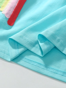 Girls light blue cotton short sleeve dress with colorful rainbow striped trim details