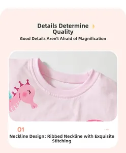 Detail showing ribbed crew neck with seahorse print on pink cotton kids T-shirt