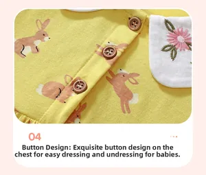 Détail d'une robe en coton pour bébé avec imprimé lapin, broderie et boutons en bois