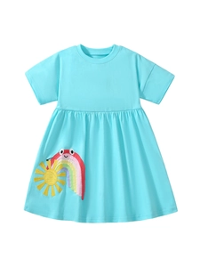 Light blue cotton girl's short sleeve dress with cute rainbow and sun embroidery applique