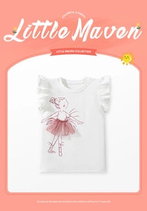 Detail of white cotton girls T-shirt featuring ballerina print and pink 3D tulle skirt