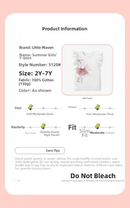 Detail of white cotton girls' t-shirt with pink ballet dancer print and fabric info