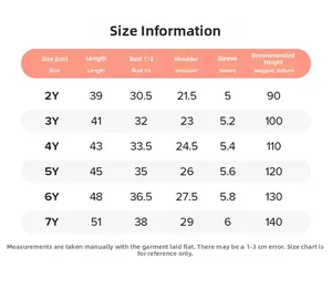 Detailed size chart for children cotton T-shirts showing length and chest measurements