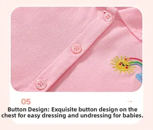 Dettaglio dell'abito polo in cotone rosa con tre bottoni e ricamo arcobaleno