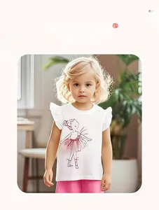 Detailed view of girl's cotton T-shirt featuring ballet dancer print and ruffled sleeves