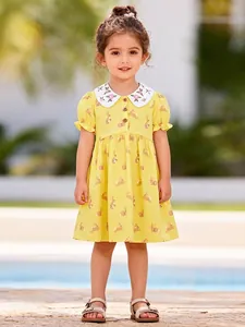Robe en Coton à Manches Courtes pour Filles Jaune Imprimé Lapin Col Claudine Broderie Florale Robe de Princesse d'Été