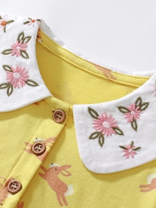 Haut jaune en coton pour filles avec motif lapin, col Claudine et broderie florale