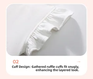 Detail of ruffled lotus leaf cuffs on white cotton girl's tee with pleated layering
