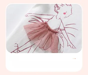 Detail of fairy print with 3D pink sequin mesh skirt on white cotton girls t-shirt