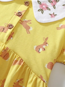 Robe jaune pour filles en coton avec motif lapin et col Claudine brodé de fleurs