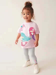 Girls Mermaid Seahorse Printed Cotton Short Sleeve T-Shirt and Long Pants Summer Casual Soft Two-Piece Outfit Clothing Set