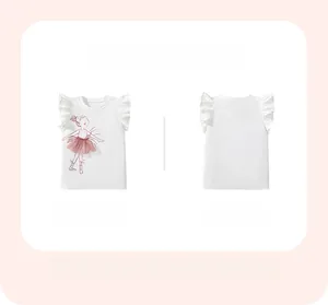 Detail of white cotton girls T-shirt featuring 3D pink mesh ballet dancer applique