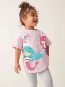 Pink girl's cotton T-shirt featuring cartoon mermaid prints and a comfortable loose fit