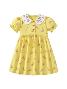 Robe jaune en coton pour fille avec imprimé lapin et col Peter Pan brodé