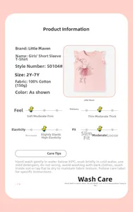 Detail of 100% cotton fabric and size chart for girls ballet pattern pink T-shirt