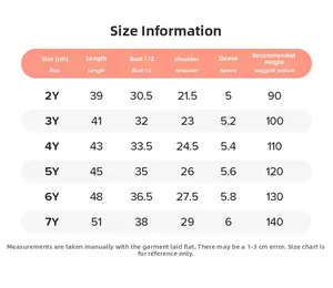 Detailed size chart for girls cotton T-shirt with measurements for ages 2 to 7 years old