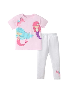 Pink mermaid cartoon T-shirt and grey pants loungewear set for young girls
