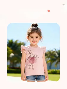Detail of pink cotton girl's t-shirt with ballerina tulle appliqué and ruffled sleeves
