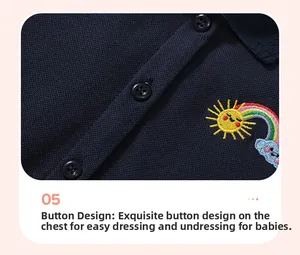 Dettaglio di un abito polo blu navy con ricamo arcobaleno colorato e tre bottoni